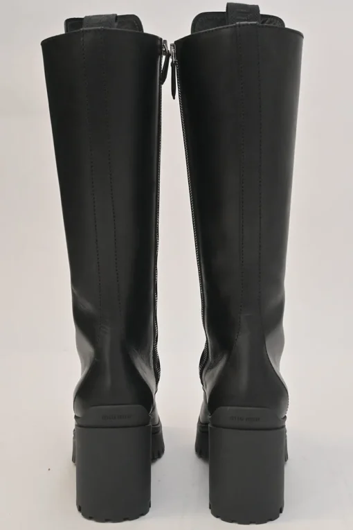 Black polished calfskin and rubber pull-on tall lace-up platform boots with tread soles and side zip closure