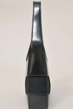 Black polished calfskin and canvas Cutout shoulder bag