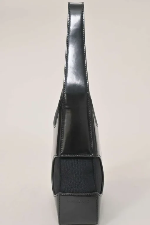Black polished calfskin and canvas Cutout shoulder bag