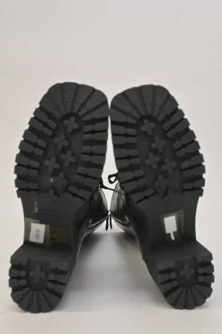 Black polished calfskin and rubber pull-on tall lace-up platform boots with tread soles and side zip closure