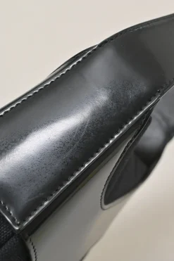 Black polished calfskin and canvas Cutout shoulder bag