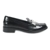 Black polished calfskin double T buckle fringe loafers with textured rubber soles