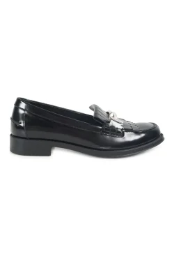 Black polished calfskin double T buckle fringe loafers with textured rubber soles
