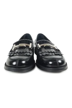 Black polished calfskin double T buckle fringe loafers with textured rubber soles