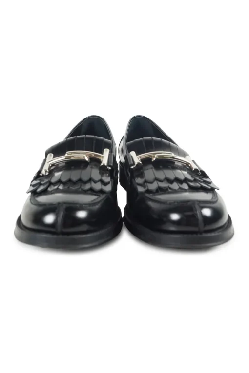 Black polished calfskin double T buckle fringe loafers with textured rubber soles