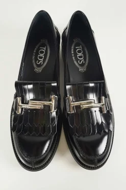 Black polished calfskin double T buckle fringe loafers with textured rubber soles