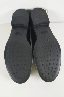 Black polished calfskin double T buckle fringe loafers with textured rubber soles