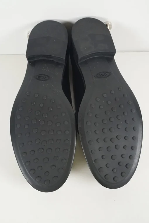 Black polished calfskin double T buckle fringe loafers with textured rubber soles