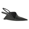 Black polished calfskin half D'Orsay pointed-toe slingback angular wedge mules