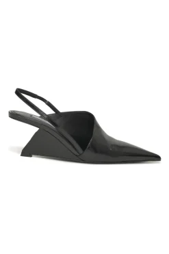 Black polished calfskin half D'Orsay pointed-toe slingback angular wedge mules
