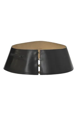 Black polished calfskin harness-style belt with stacked hook and eye closure