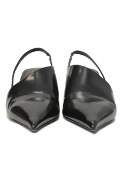 Black polished calfskin half D'Orsay pointed-toe slingback angular wedge mules