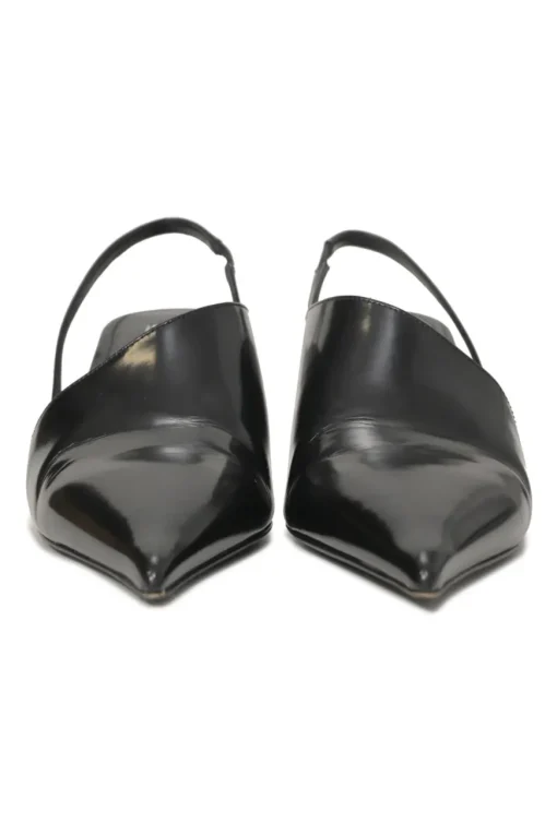 Black polished calfskin half D'Orsay pointed-toe slingback angular wedge mules