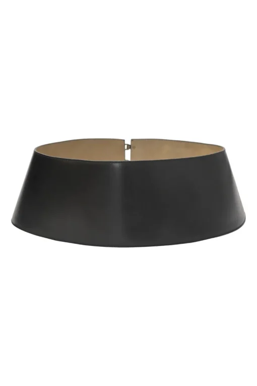 Black polished calfskin harness-style belt with stacked hook and eye closure