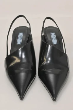 Black polished calfskin half D'Orsay pointed-toe slingback angular wedge mules