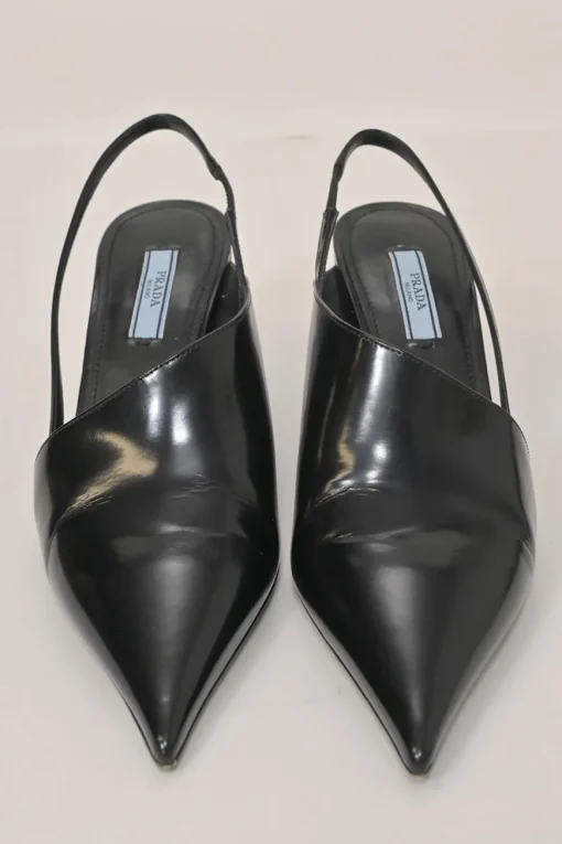 Black polished calfskin half D'Orsay pointed-toe slingback angular wedge mules