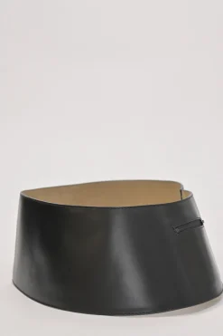 Black polished calfskin harness-style belt with stacked hook and eye closure