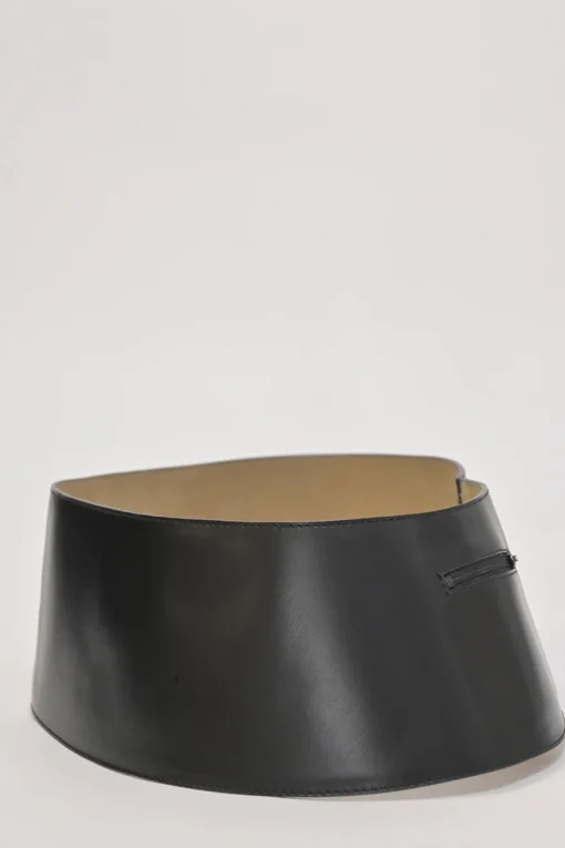 Black polished calfskin harness-style belt with stacked hook and eye closure