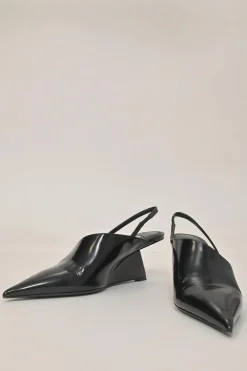 Black polished calfskin half D'Orsay pointed-toe slingback angular wedge mules