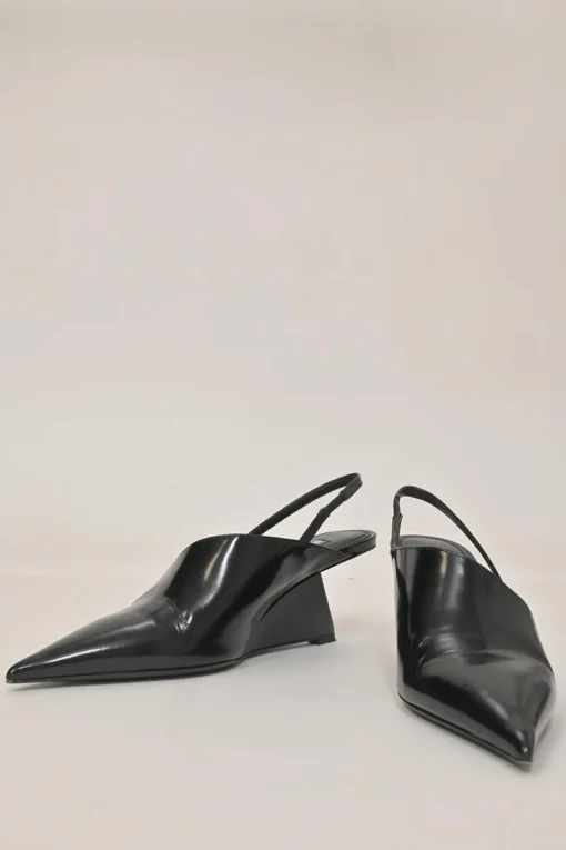 Black polished calfskin half D'Orsay pointed-toe slingback angular wedge mules