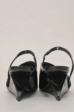 Black polished calfskin half D'Orsay pointed-toe slingback angular wedge mules