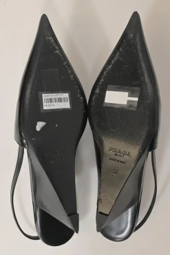 Black polished calfskin half D'Orsay pointed-toe slingback angular wedge mules