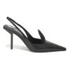 Black polished calfskin pointed-toe logo tongue slingback pumps