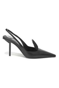 Black polished calfskin pointed-toe logo tongue slingback pumps