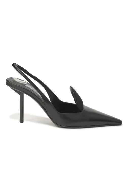 Black polished calfskin pointed-toe logo tongue slingback pumps