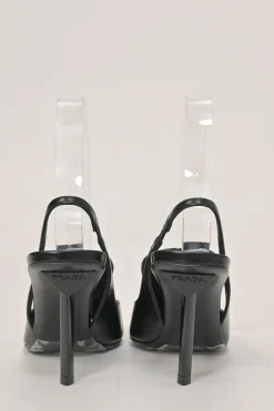 Black polished calfskin pointed-toe logo tongue slingback pumps