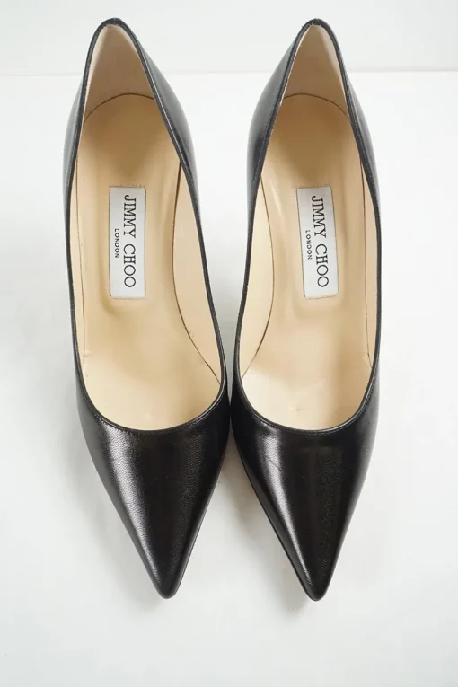 Black polished calfskin pointed toe stiletto heel pumps