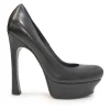 Black polished calfskin round-toe platform pumps