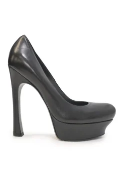 Black polished calfskin round-toe platform pumps