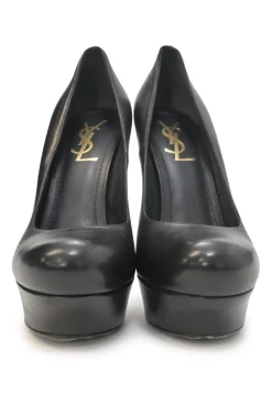 Black polished calfskin round-toe platform pumps