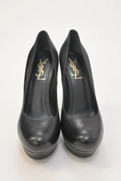Black polished calfskin round-toe platform pumps