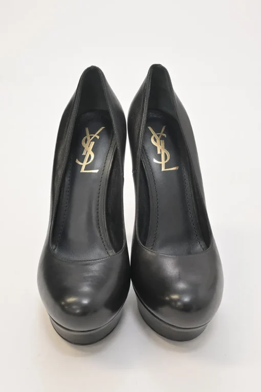 Black polished calfskin round-toe platform pumps