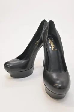 Black polished calfskin round-toe platform pumps