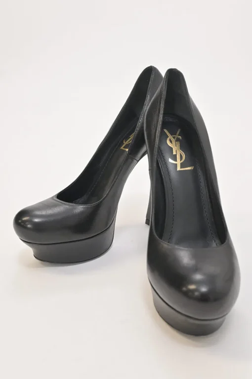 Black polished calfskin round-toe platform pumps