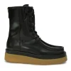 Black polished leather and rubber Jamie lug sole lace-up moc toe flatform wedge boots