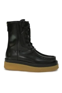 Black polished leather and rubber Jamie lug sole lace-up moc toe flatform wedge boots