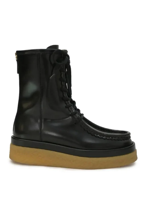 Black polished leather and rubber Jamie lug sole lace-up moc toe flatform wedge boots