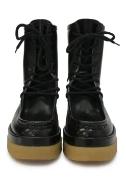 Black polished leather and rubber Jamie lug sole lace-up moc toe flatform wedge boots