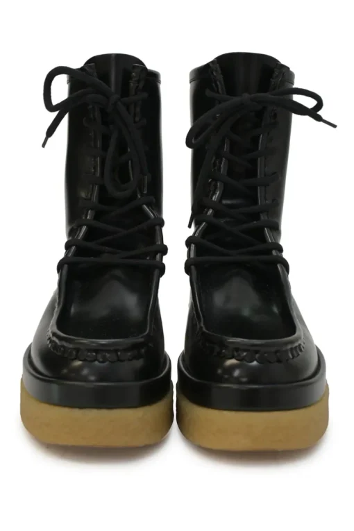Black polished leather and rubber Jamie lug sole lace-up moc toe flatform wedge boots