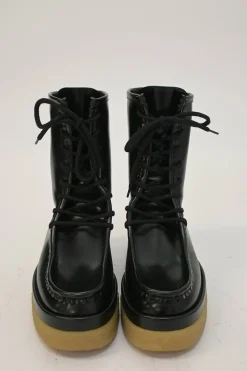 Black polished leather and rubber Jamie lug sole lace-up moc toe flatform wedge boots