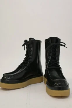 Black polished leather and rubber Jamie lug sole lace-up moc toe flatform wedge boots