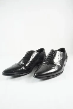 Black polished leather pointed-toe Jacno oxfords with broguing details
