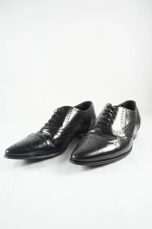 Black polished leather pointed-toe Jacno oxfords with broguing details
