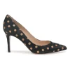 Black polka dot suede and leather pointed-toe pumps