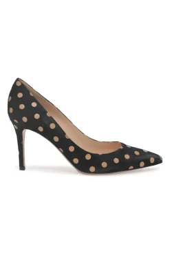 Black polka dot suede and leather pointed-toe pumps