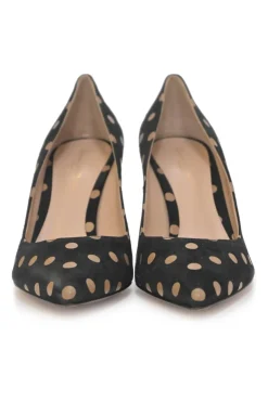 Black polka dot suede and leather pointed-toe pumps